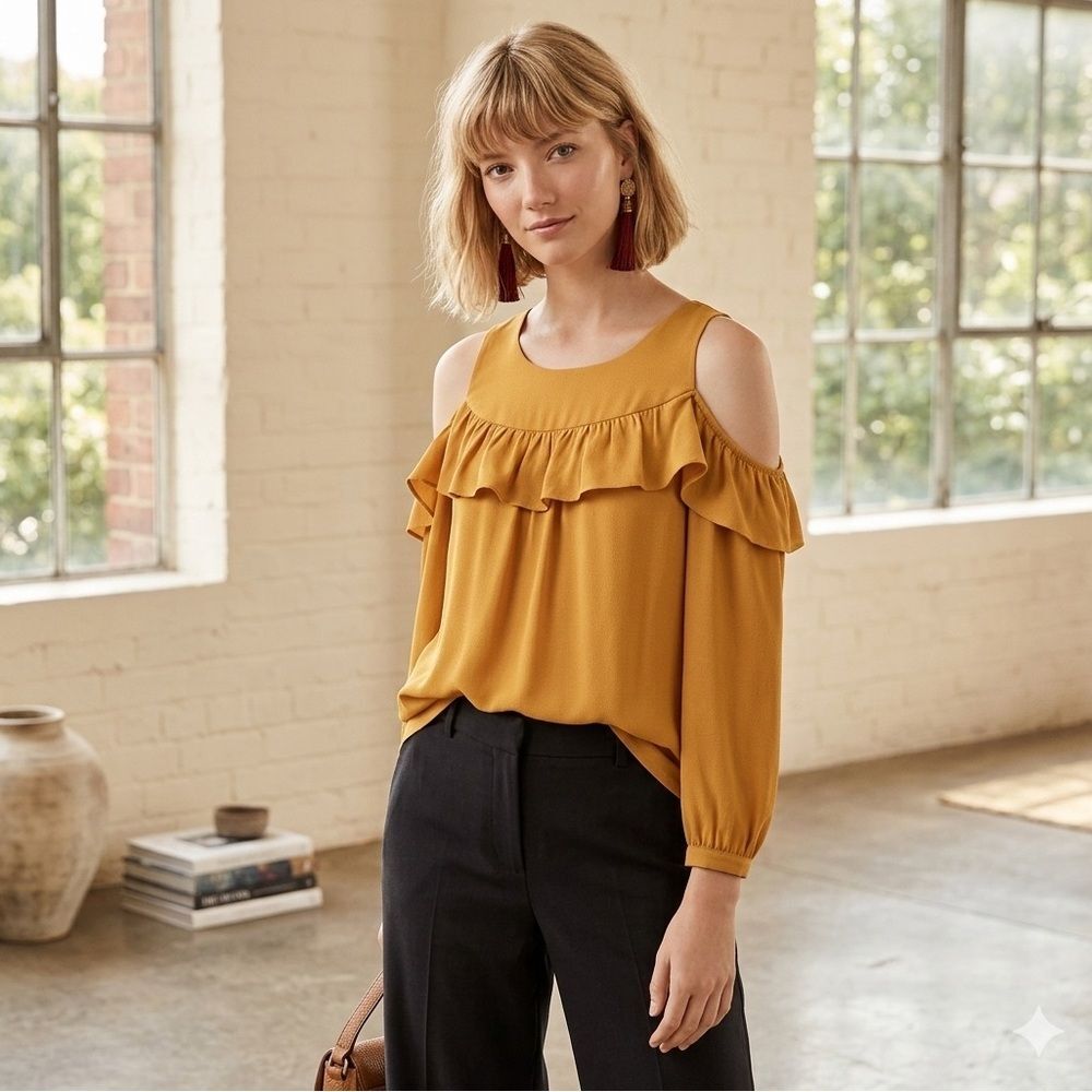 Anthropologie Maeve Brearly Cold Shoulder Blouse S 4 Boho Ruffle Top Yellow